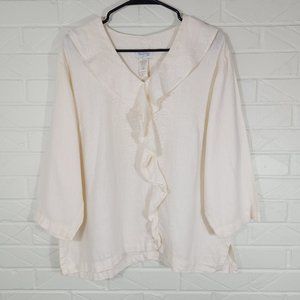 Mosaic 100% Linen Ivory Ruffle Front V-neck Lagenlook Top 3/4 Sleeve